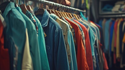 Obraz premium Colorful shirts and dresses hanging neatly on a rack. A variety of clothing for sale in a retail store.