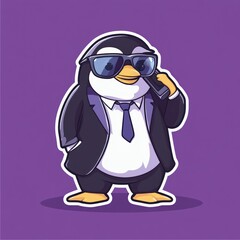 Fototapeta premium A penguin in suit talks on the phone against a purple backdrop for fun designs