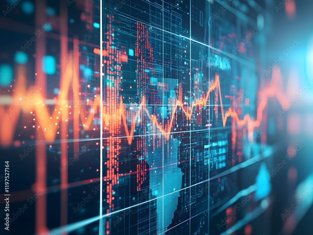 Poster dynamic digital data visualization with glowing graphs and charts illustrating financial trends and 
