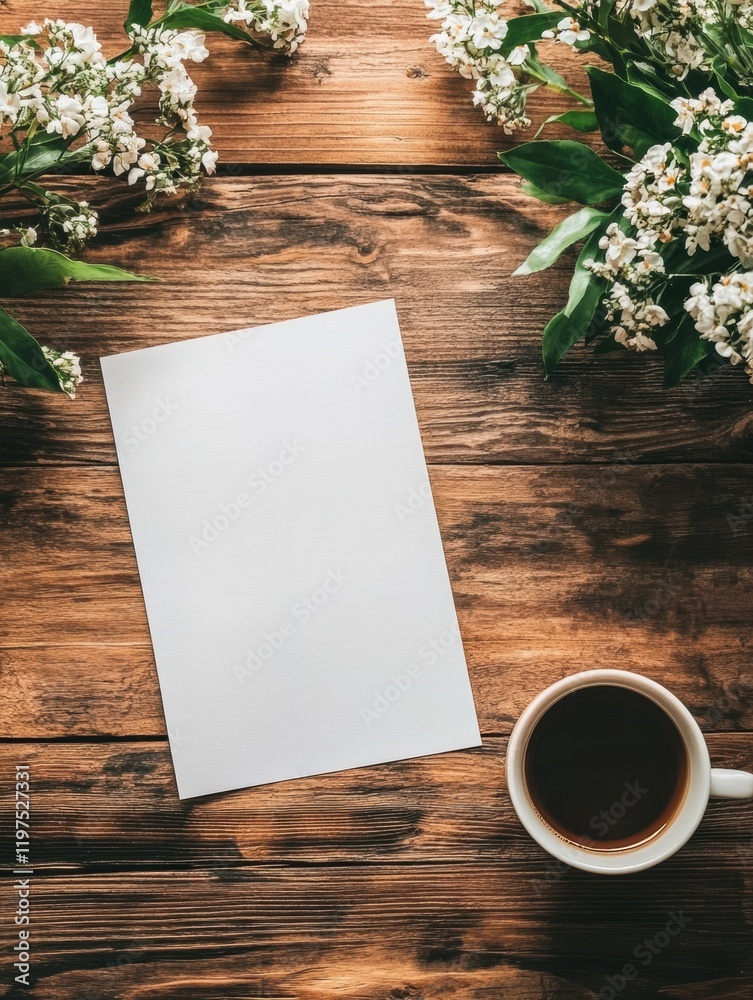 Poster Blank paper on wooden table with coffee and flowers creating a serene workspace environment for creativity. Generative AI