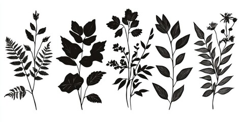 Fototapeta premium A black and white floral border featuring various plants, leaves, and stems. Ideal for decorative purposes or artistic designs.