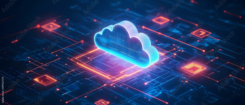 Poster futuristic cloud computing concept with digital circuits and glowing lines, representing data storag