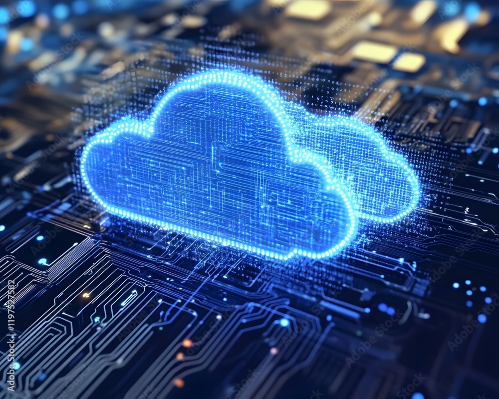 Poster futuristic cloud computing concept with digital circuits, representing data storage and connectivity