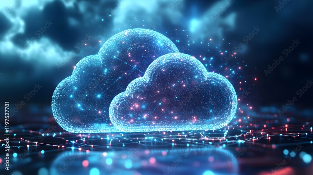 Poster futuristic digital cloud with glowing particles, representing data storage and cloud computing innov