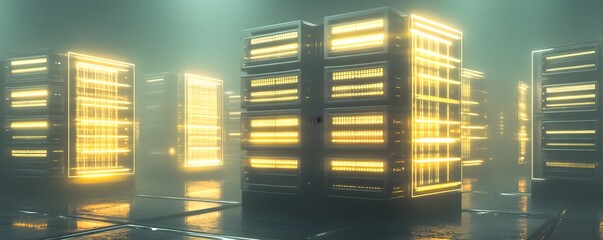 Futuristic data center featuring glowing servers in a hazy atmosphere. This image captures the essence of advanced technology and digital infrastructure in a modern environment.