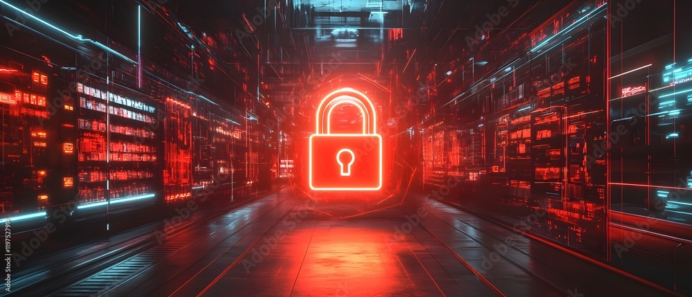 Poster futuristic digital environment with glowing red padlock symbolizing data security and encryption