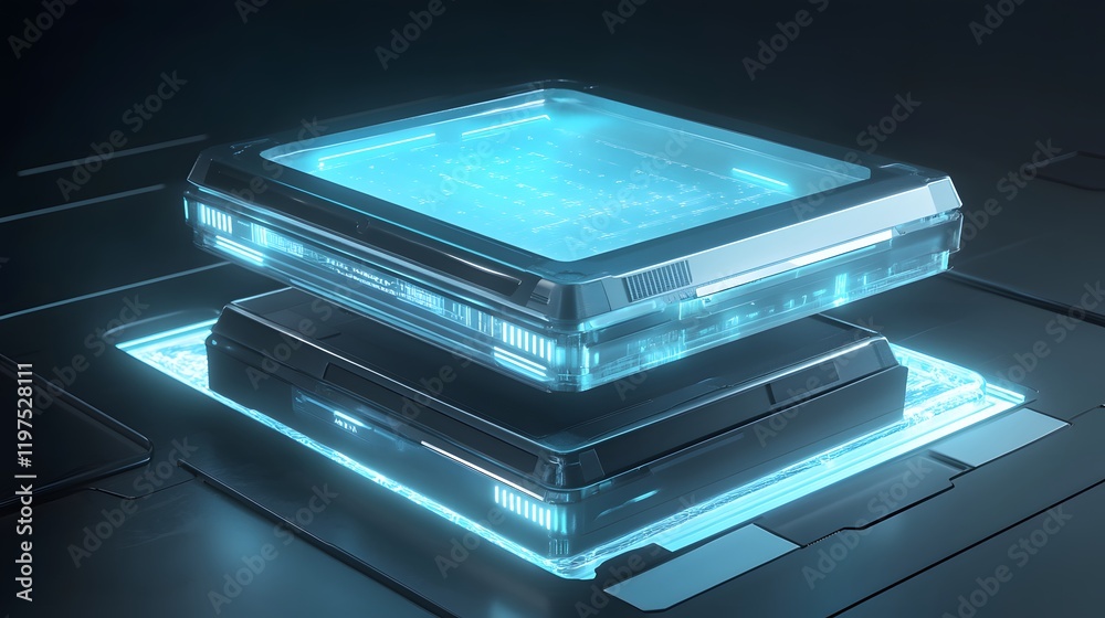 Poster futuristic microchip design with glowing elements, representing advanced technology and innovation i