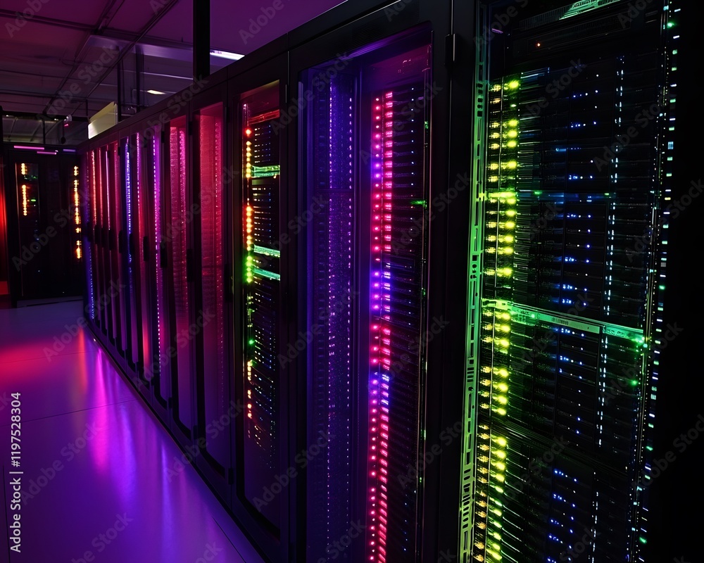 Poster illuminated server racks in a data center with vibrant led lights, showcasing modern technology and 