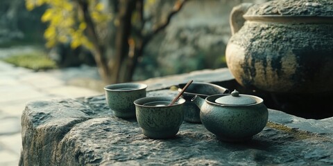 A collection of traditional Japanese tea cups and a matching teapot, displayed in an outdoor zen garden setting.