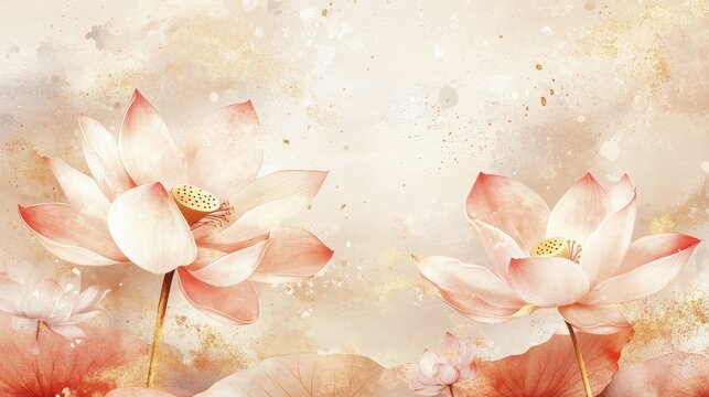 Fototapeta Spring floral in watercolor vector background. Luxury wallpaper design with lotus flowers, line art, golden texture. Elegant gold blossom flowers illustration suitable for fabric, prints, cover.