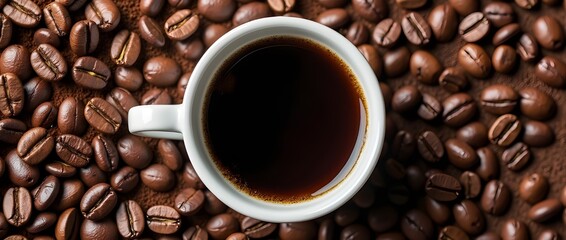 Fototapeta premium The image shows a cup of black coffee sitting on a bed of coffee beans. The coffee beans surround the cup, creating a rich and textured background.