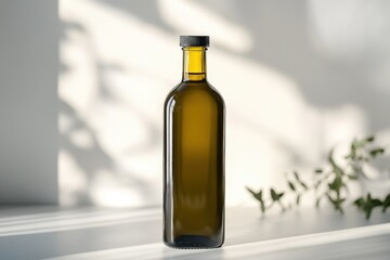 Elegant glass bottle filled with rich olive oil against a softly lit background showcasing minimalist design elements