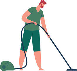 Redhead man using a vacuum cleaner while diligently cleaning the house, vacuuming the floor, and managing household chores in a modern and tidy living space