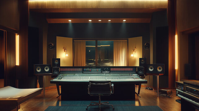 modern recording studio featuring large mixing desk, monitors, and ambient lighting creates professional atmosphere for music production