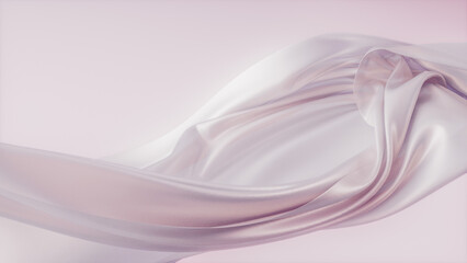 White silk fabric with a pink tint fluttering in the wind. 3d rendering gentle product display background