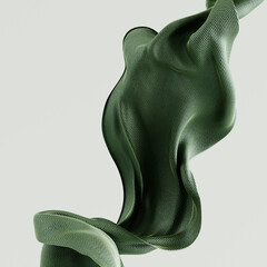 Dynamic 3D rendering flowing green fabric. The fabric billows and twists, creating an abstract organic form against a clean, light backdrop.