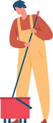 Cleaning service worker dressed in uniform and apron, holding a mop while standing next to a wheeled bucket, prepared to efficiently clean the floor indoors