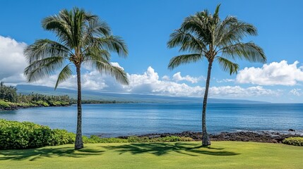 A tropical paradise with twin palm trees by the ocean, under a bright blue sky and a few soft clouds, perfect for relaxation.