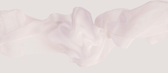 Dynamic 3d rendering flowing fabric in a light pink hue. Soft gentle wavy texture consists of fine, parallel lines. Neutral modern abstract background.