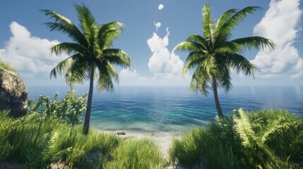 Fototapeta premium A tropical setting with twin palm trees by the ocean, framed by a clear sky and a few white clouds, perfect for a serene escape.