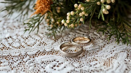 Close-Up Image of Two Elegant Wedding Rings on Delicate Lace Surrounded by Greenery and Small White Flowers Perfect for Romantic Themes