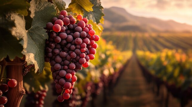 Lush vineyards at sunset with ripe grapes hanging from the vines in a serene countryside setting