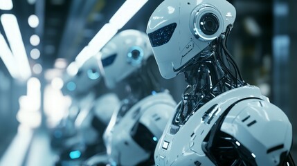 Fototapeta premium Futuristic humanoid robots with glowing features in a modern setting