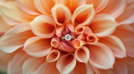 Obraz premium Beautiful close-up of a sparkling diamond engagement ring nestled within the soft petals of a vibrant peach dahlia flower on a blurred background