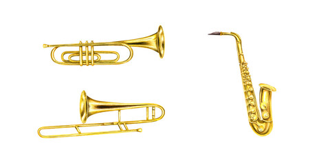 Watercolor musical classical shiny brass trumpet, trombone and saxophone set illustration. Hand painted jazz metallic golden instruments. Music element clipart for jazz festival design, education card © Masha_tolk_art