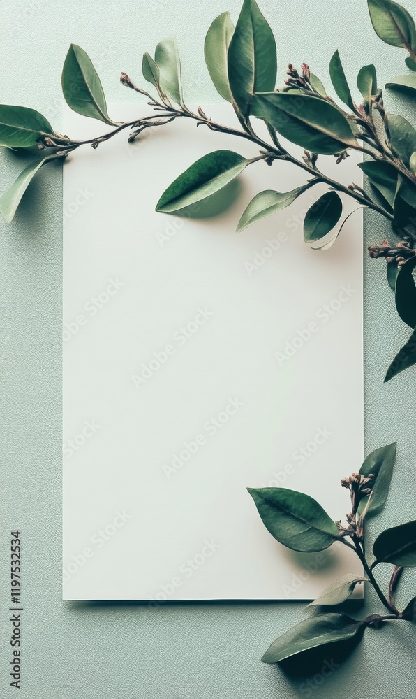 Poster elegant blank stationery with green foliage on a pastel background for creative design and invitatio