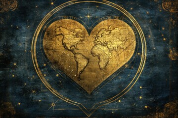Artistic Golden Map Heart Shape on Vintage Background Design