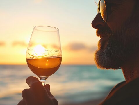 A man enjoys a glass of wine at the beach during sunset.