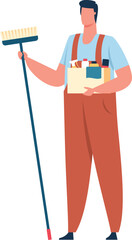 Professional cleaning service worker wearing uniform holding a broom and a box of cleaning products ready to clean a house, office or hotel room