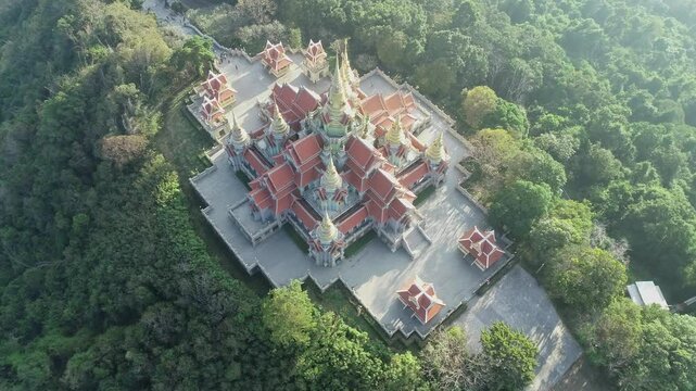 Aerial view of the Wat Thang Sai. Beautiful temple on the top of Thongchai mountain, Prachuap Khirikhan, Thailand.