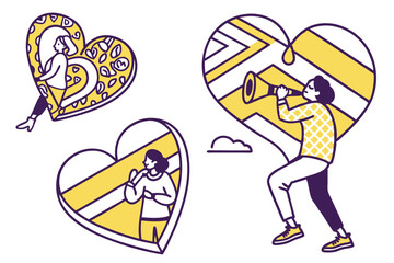 minimalist heart icons, flat design, yellow and purple color scheme, geometric shapes, app icons, rounded corners, vector graphics, high contrast, simple patterns, modern aesthetic, social media icons
