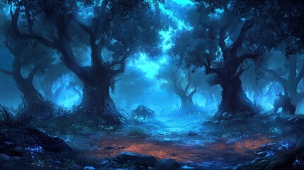 Obraz premium Mysterious Blue Forest with Ethereal Light and Enigmatic Atmosphere