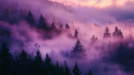 Ethereal Misty Forest at Dawn with Vibrant Purple and Pink Hues
