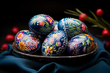 Image of Ukrainian national easter traditional A collection of painted eggs Generative AI