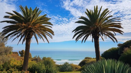 Obraz premium Twin palm trees frame a picturesque view of the ocean, with a clear blue sky and soft clouds creating a tropical paradise.