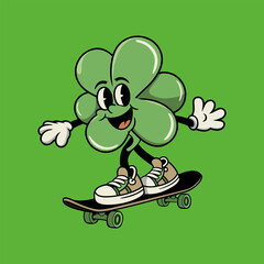 Cute Clover Character Skateboarding Against a Green Background