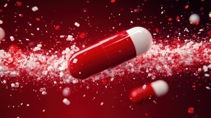 Vibrant Red Capsule Surrounded by Sprinkles on a Bold Red Background