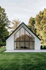Obraz premium A contemporary home featuring expansive glass windows, seamlessly integrated into a tranquil outdoor environment, surrounded by vibrant, lush greenery during daylight hours