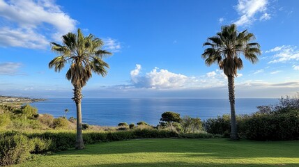 Twin palm trees frame a picturesque view of the ocean, with a clear blue sky and soft clouds creating a tropical paradise.