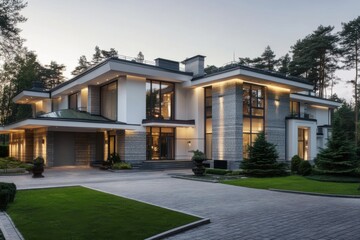 Experience the elegance of a contemporary luxury residence, nestled amidst vibrant greenery in a tranquil wooded setting, beautifully illuminated during twilight