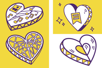 minimalist heart icons, flat design, yellow and purple color scheme, geometric shapes, app icons, rounded corners, vector graphics, high contrast, simple patterns, modern aesthetic, social media icons