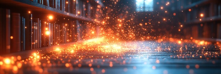 Fototapeta premium Glowing particles float over bookshelves in a dark library.