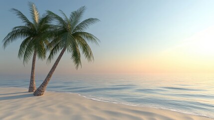 Twin palm trees on a tropical beach, with the tranquil ocean and a clear blue sky providing a perfect backdrop.
