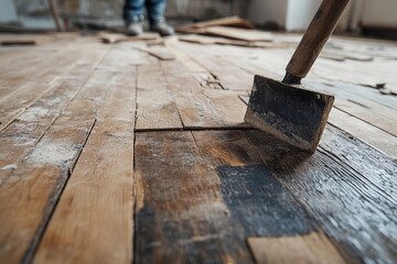 In this renovation scene, old floorboards are being carefully removed in preparation for the installation of new flooring.