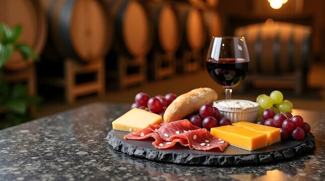 Charcuterie board with cured meats, cheeses, and grapes on granite table. Rustic wine cellar background with warm golden lighting
