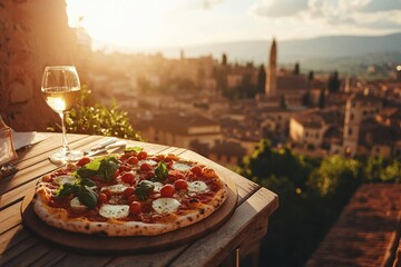 Naklejka premium Rustic pizza topped with fresh ingredients on a wooden table in Siena, Italy, illuminated by a breathtaking sunset glow